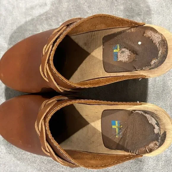 MIA Elsa Clogs 8.5 / 39 Brown Leather Braid Platform Made In Sweden Tan Chunky - Picture 10 of 11